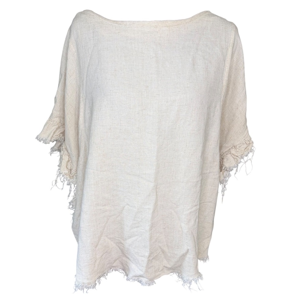 Umgee Linen Blend Frayed Hem Top Womens Large Cream Boho Oversized Cottagecore